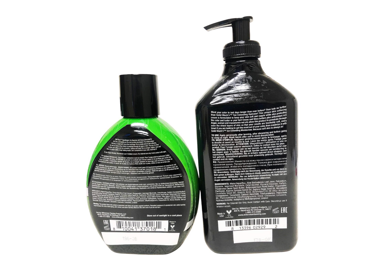 2 Pack - Millennium Tanning Solid Black Hypoallergenic Tan Maximizer w Hemp + Millennium Tanning Solid Black Tan Extender Moisturizer Lotion