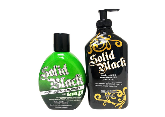 2 Pack - Millennium Tanning Solid Black Hypoallergenic Tan Maximizer w Hemp + Millennium Tanning Solid Black Tan Extender Moisturizer Lotion