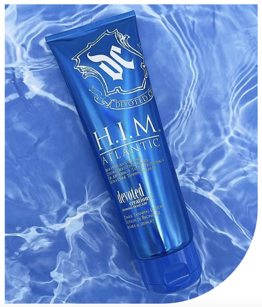 Devoted Creations H.I.M Atlantic Tanning Lotion - Blue Hued Anti-Orange Color Correcting Bronzer - Oil Absorbing + Tattoo Protecting + Ultra-Dark Tanning Formula 8.5 oz.