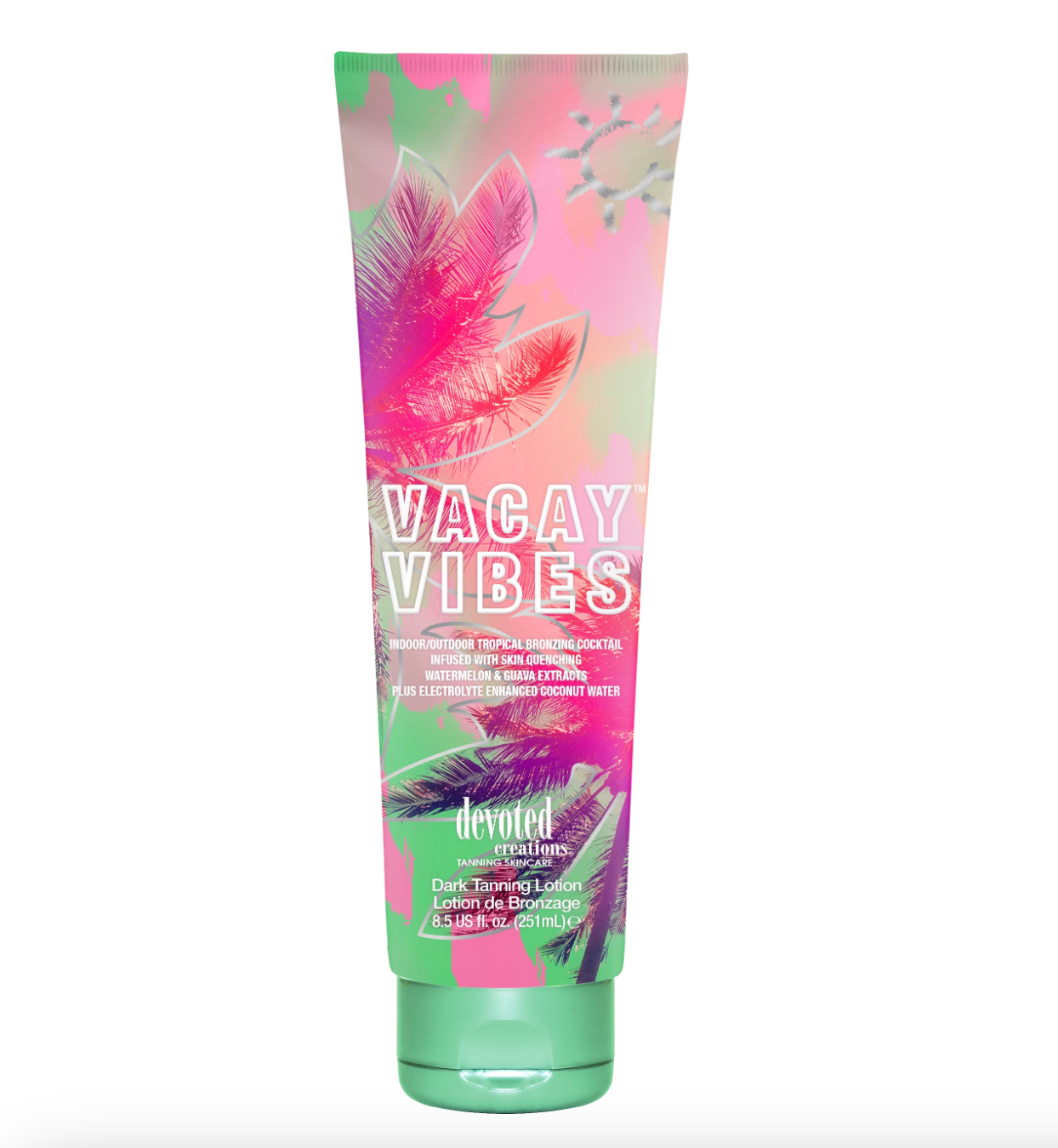 Devoted Creations Vacay Vibes Tanning Lotion – Indoor/Outdoor Tropical Bronzing Cocktail Infused with Skin Quenching Watermelon and Guava Extracts, plus Electrolyte Enhanced Coconut Water – 8.5 oz.