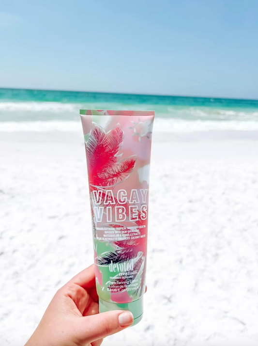 Devoted Creations Vacay Vibes Tanning Lotion – Indoor/Outdoor Tropical Bronzing Cocktail Infused with Skin Quenching Watermelon and Guava Extracts, plus Electrolyte Enhanced Coconut Water – 8.5 oz.