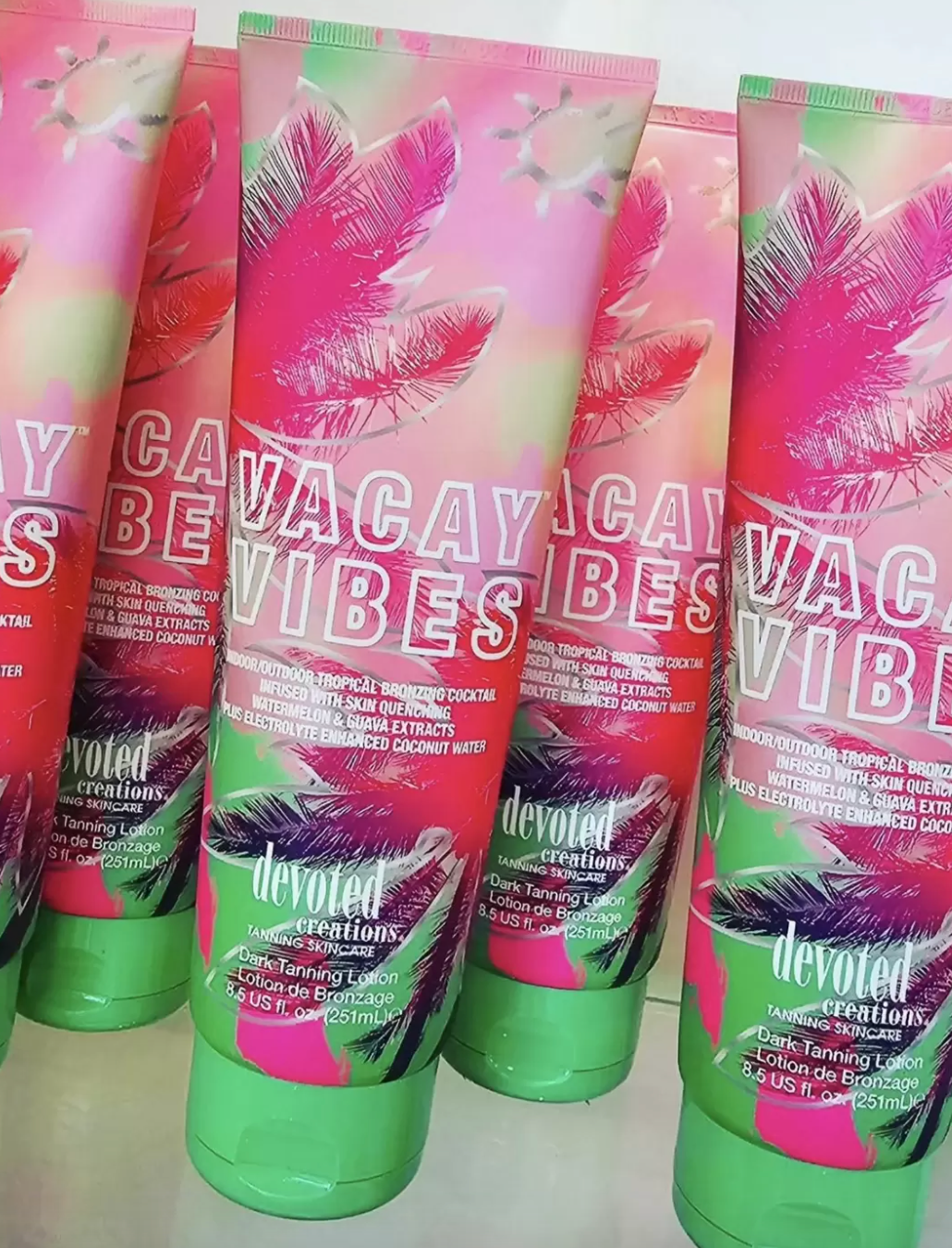 Devoted Creations Vacay Vibes Tanning Lotion – Indoor/Outdoor Tropical Bronzing Cocktail Infused with Skin Quenching Watermelon and Guava Extracts, plus Electrolyte Enhanced Coconut Water – 8.5 oz.