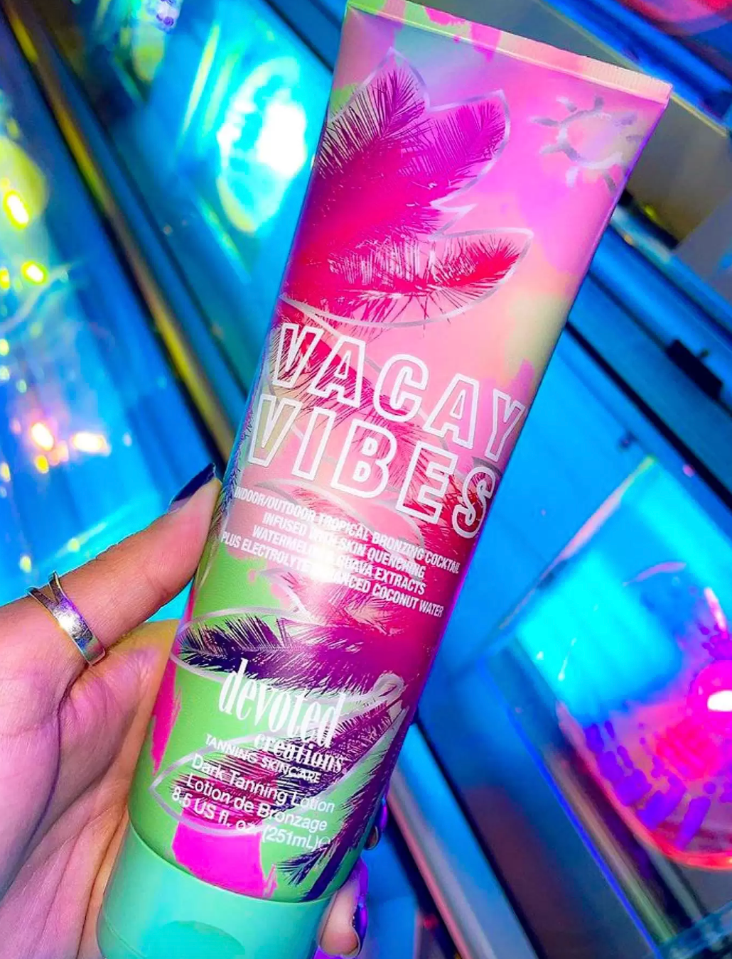 Devoted Creations Vacay Vibes Tanning Lotion – Indoor/Outdoor Tropical Bronzing Cocktail Infused with Skin Quenching Watermelon and Guava Extracts, plus Electrolyte Enhanced Coconut Water – 8.5 oz.
