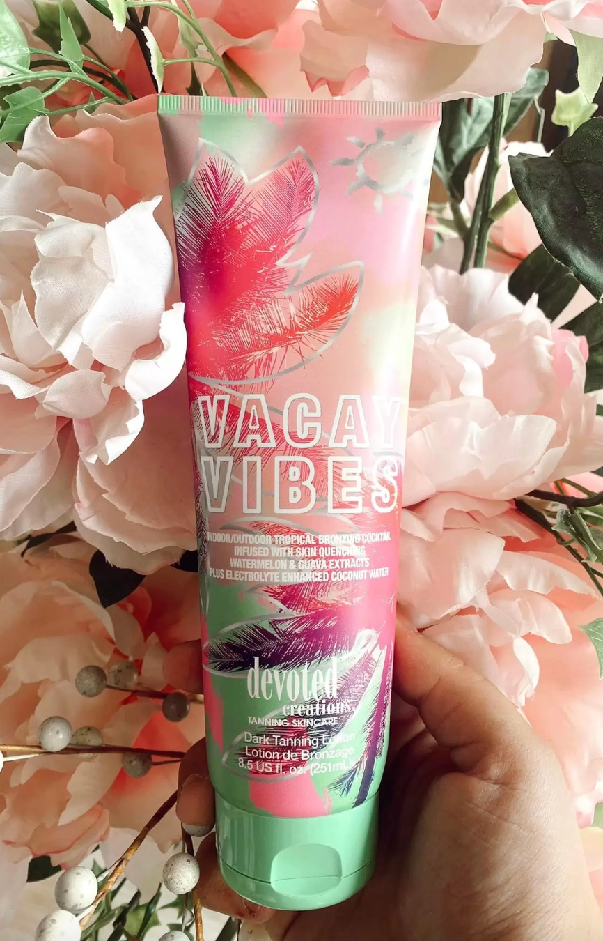 Devoted Creations Vacay Vibes Tanning Lotion – Indoor/Outdoor Tropical Bronzing Cocktail Infused with Skin Quenching Watermelon and Guava Extracts, plus Electrolyte Enhanced Coconut Water – 8.5 oz.