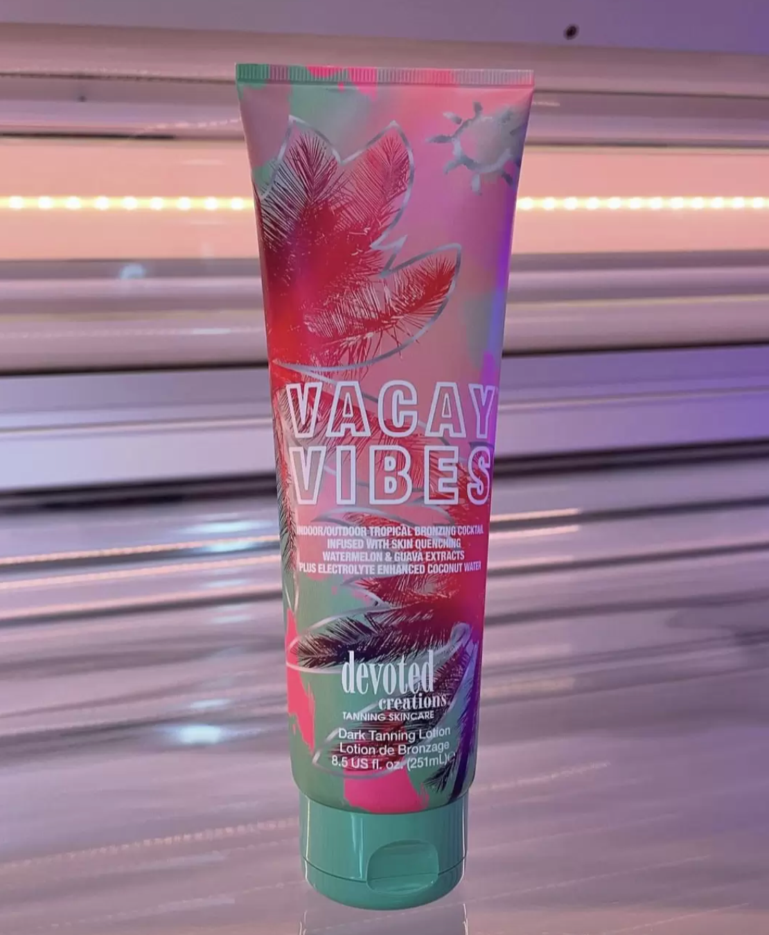 Devoted Creations Vacay Vibes Tanning Lotion – Indoor/Outdoor Tropical Bronzing Cocktail Infused with Skin Quenching Watermelon and Guava Extracts, plus Electrolyte Enhanced Coconut Water – 8.5 oz.
