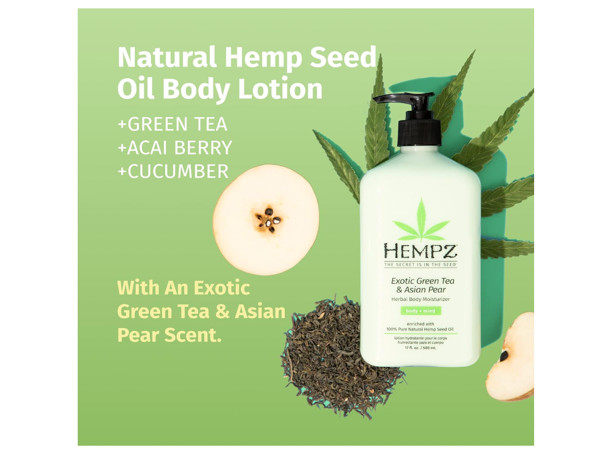 HEMPZ Body Lotion - Green Tea & Asian Pear Daily Moisturizing Cream, Shea Butter Body Moisturizer - Skin Care Products, Hemp Seed Oil - Large